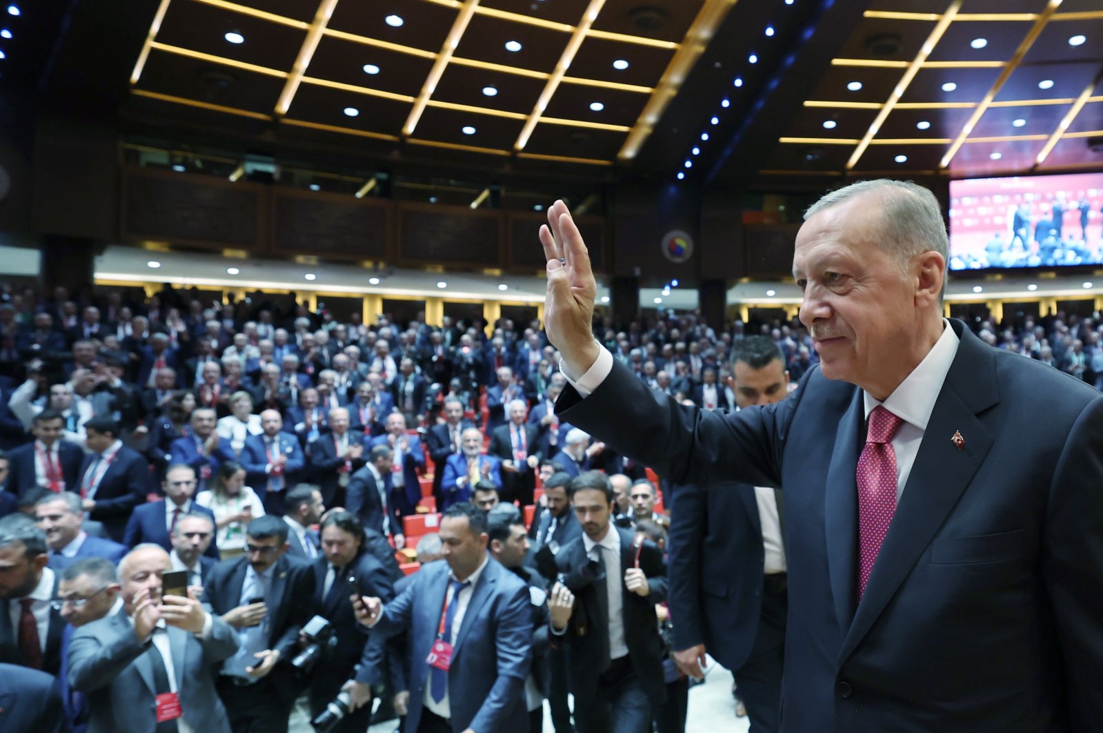 President Recep Tayyip Erdogan greets the crowd at the annual general meeting of the Union of Chambers and Commodity Exchanges (TOBB) after winning Sunday&#039;s presidential election runoff in Ankara, Türkiye, May 30, 2023. (AA Photo)
