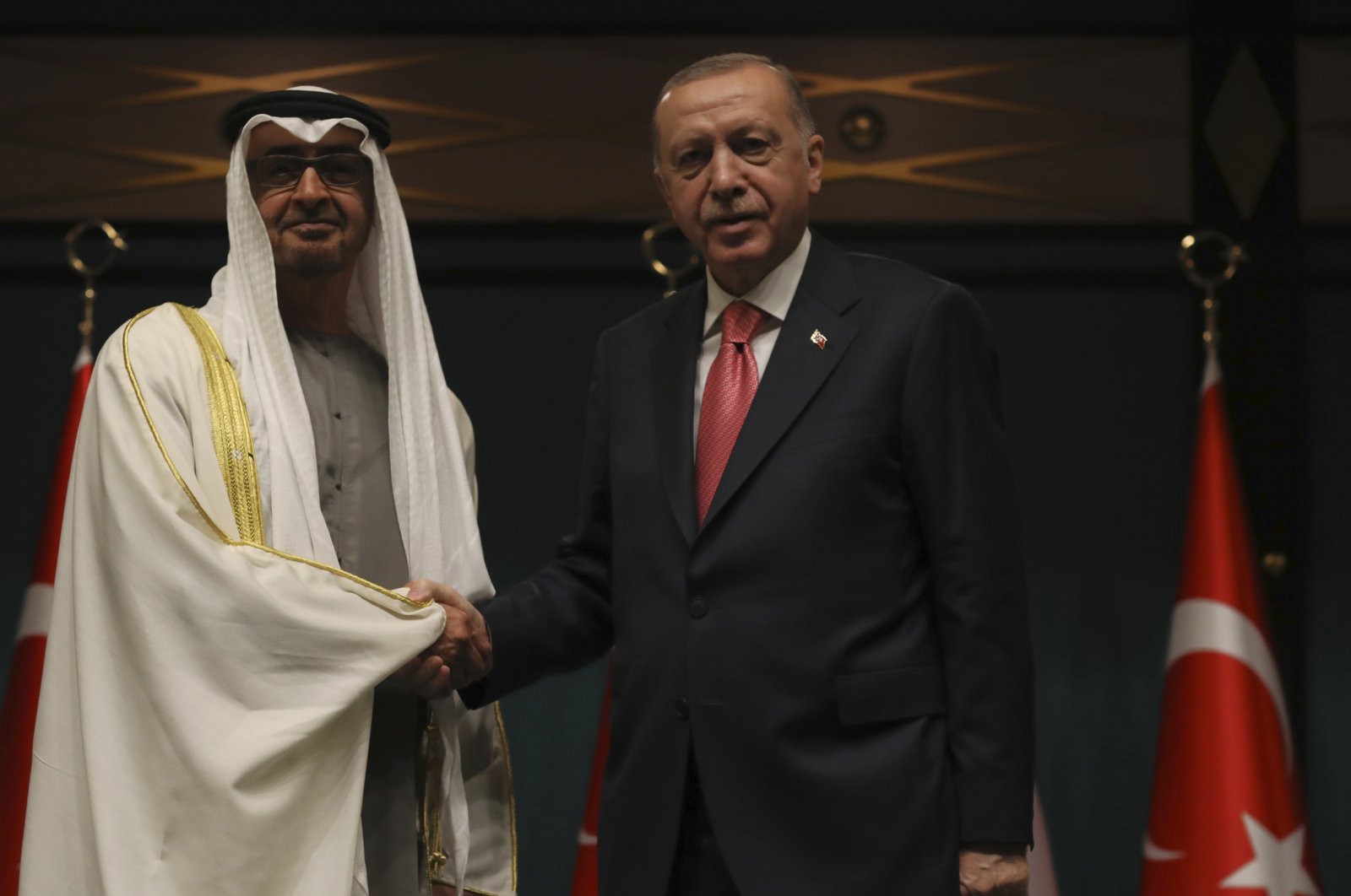 President Erdoğan shakes hands with Sheikh Mohammed bin Zayed Al Nahyan, the Crown Prince of the United Arab Emirates, in the capital Ankara, Türkiye, Nov. 24, 2021. (AP Photo)