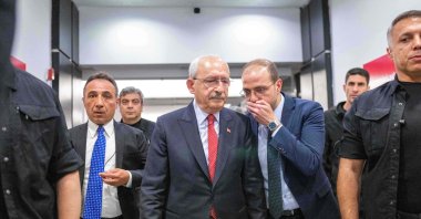 Following President Recep Tayyip Erdoğan&#039;s victory in a historic runoff election, Republican People&#039;s Party (CHP) leader and presidential candidate of the main opposition alliance Kemal Kılıçdaroğlu (C) leaves after his speech at the CHP headquarters in Ankara, Türkiye, May 28, 2023. (AFP Photo)
