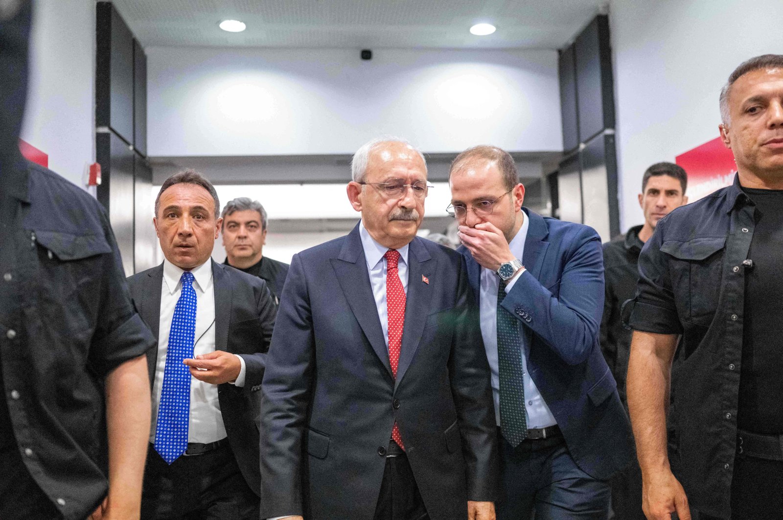 Following President Recep Tayyip Erdoğan&#039;s victory in a historic runoff election, Republican People&#039;s Party (CHP) leader and presidential candidate of the main opposition alliance Kemal Kılıçdaroğlu (C) leaves after his speech at the CHP headquarters in Ankara, Türkiye, May 28, 2023. (AFP Photo)