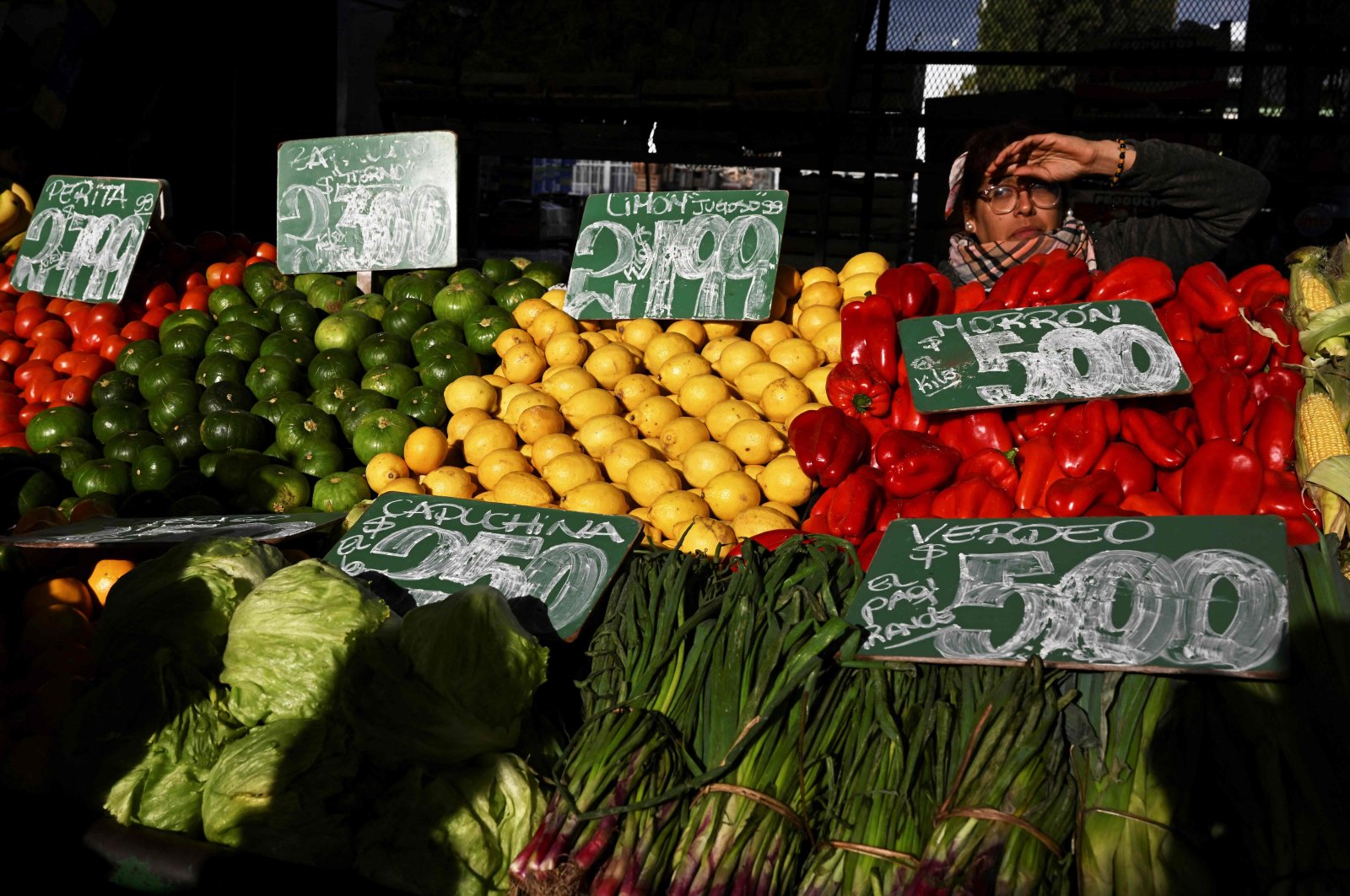 A woman sells vegetables and fruits at the Central Market in Buenos Aires, Argentina, May 12, 2023. (AFP Photo)