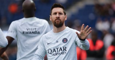 Paris Saint Germain's Lionel Messi warms up prior to the French Ligue 1 soccer match between PSG and AC Ajaccio at the Parc des Princes stadium in Paris, France, May 13, 2023.  (EPA Photo)