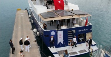 The archaeological research ship UPL is seen off the coast of Konyaaltı, Antalya, southern Türkiye, June 2, 2023. (IHA Photo)