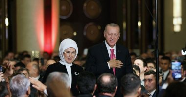 President Recep Tayyip Erdoğan (R) and first lady Emine Erdoğan greet guests during his oath-taking ceremony at the Presidential Complex, in Ankara, Türkiye, June 3, 2023. (Press Office of the Republic of Türkiye Photo via AFP)