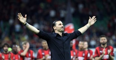 AC Milan’s Zlatan Ibrahimovic, who is due to leave the club, is celebrated by fans after the Italian Serie A match between AC Milan and Hellas Verona, Milan, Italy, June 4, 2023. (EPA Photo)