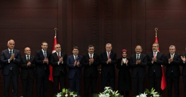 President Recep Tayyip Erdoğan (C) and new ministers applaud after a press conference where he announced the new Cabinet members at the Presidential Complex, Ankara, Türkiye, June 3, 2023. (Reuters Photo)