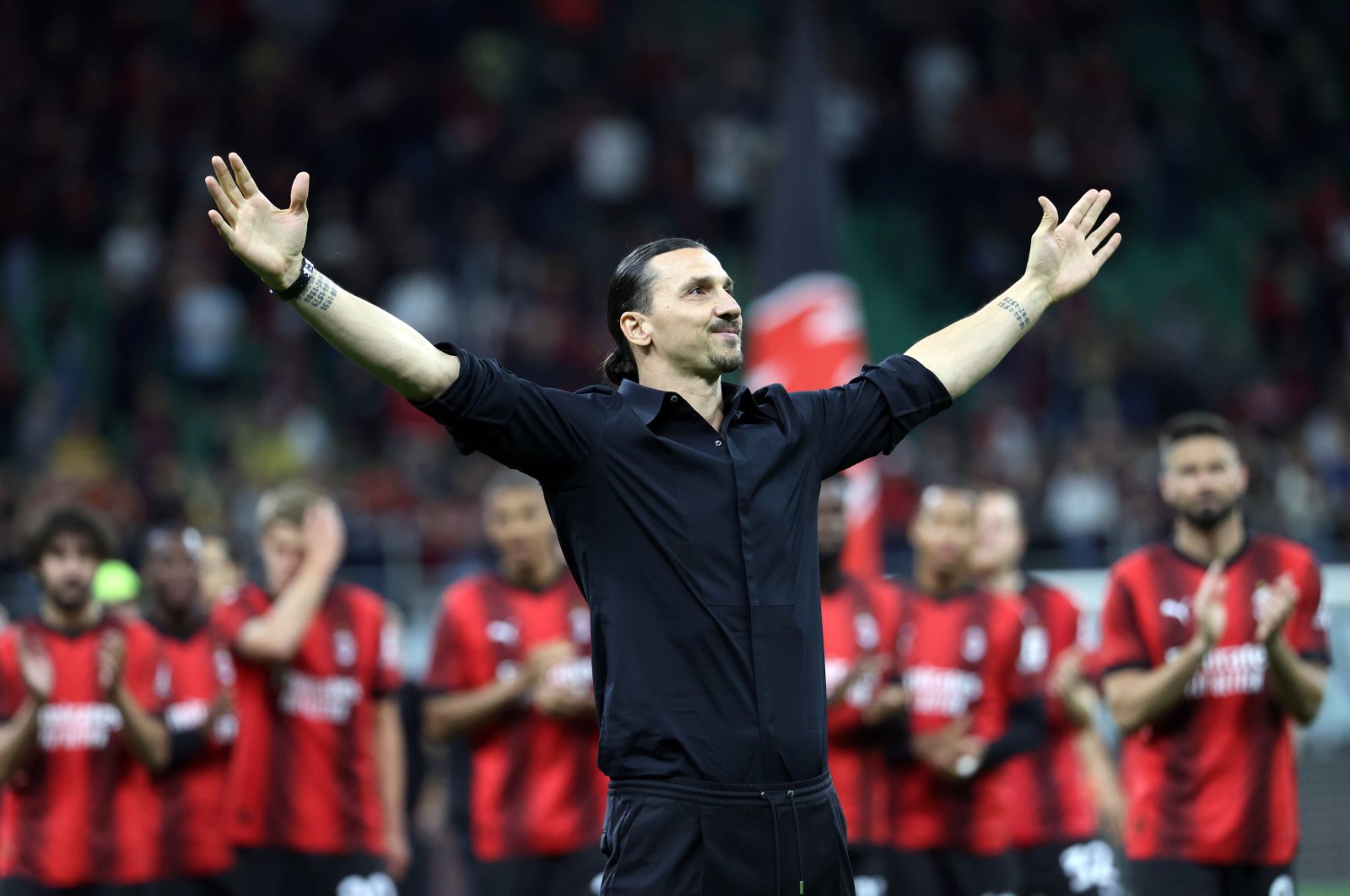 AC Milan’s Zlatan Ibrahimovic, who is due to leave the club, is celebrated by fans after the Italian Serie A match between AC Milan and Hellas Verona, Milan, Italy, June 4, 2023. (EPA Photo)