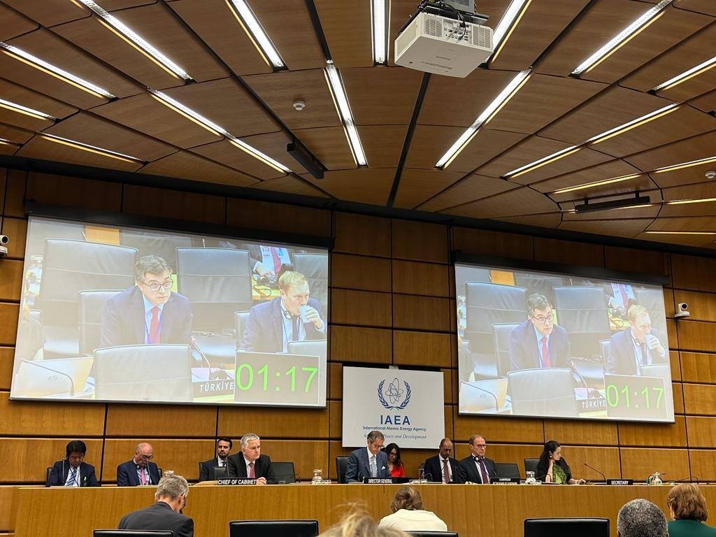 Levent Eler, Türkiye’s permanent representative at the U.N.&#039;s office in Vienna, speaks at an IAEA meeting in Vienna, Austria, June 5, 2023. (AA Photo)
