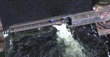 A satellite image shows Nova Kakhovka Dam in Kherson region, Ukraine, June 5, 2023. (Reuters Photo)