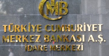 A logo of the Central Bank of the Republic of Türkiye (CBRT) at the entrance of its headquarters in Ankara, Türkiye, Oct. 15, 2021. (Reuters Photo)