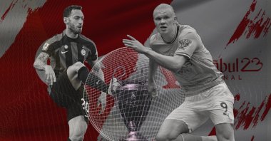 The illustration shows the UEFA Champions League trophy between Inter Milan's Hakan Çalhanoğlu (L) and Manchester City's Erling Haaland. (Illustration by Kelvin Ndunga)