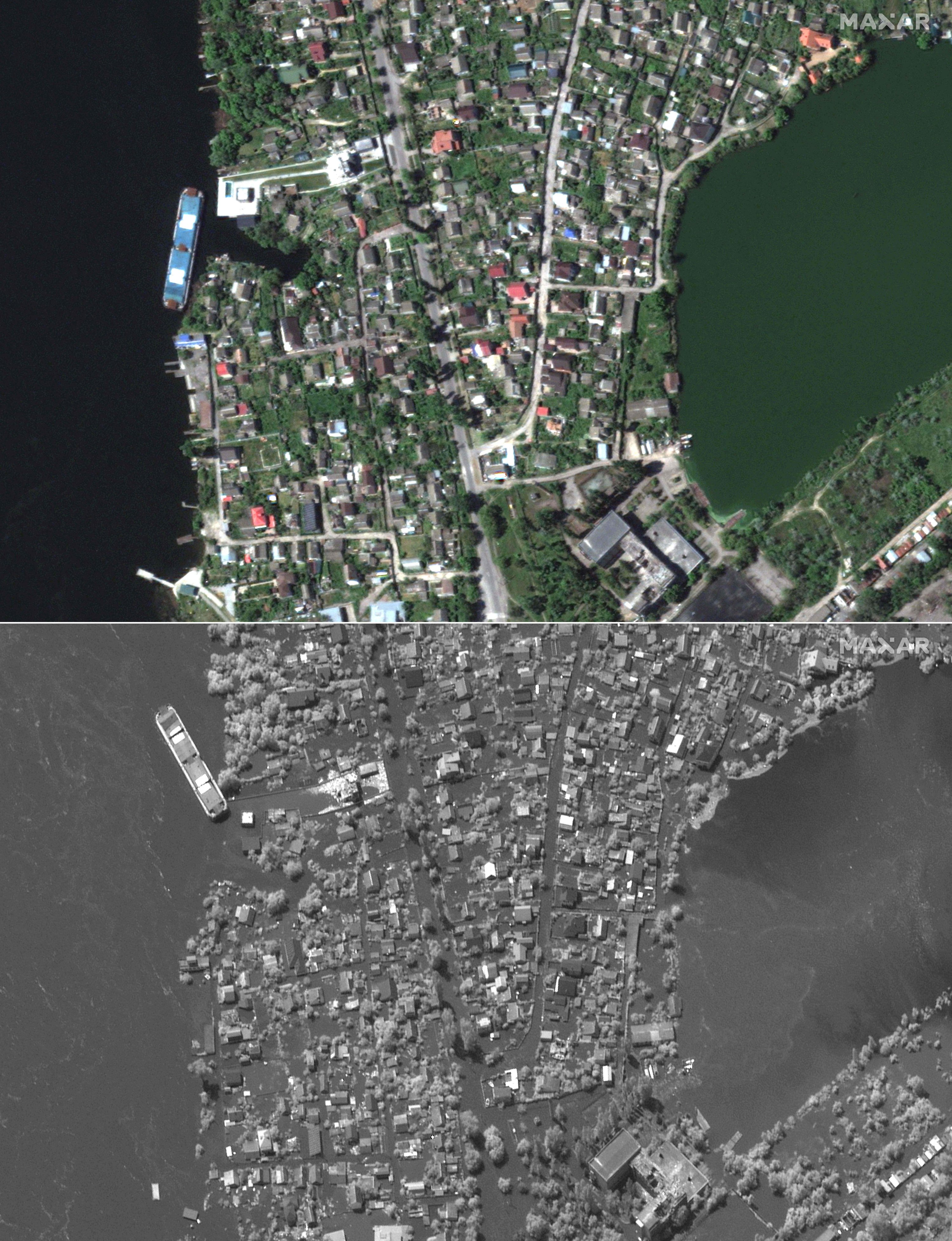 Kombinasi gambar satelit selebaran milik teknologi Maxar ini menunjukkan sebuah kota (T) di sepanjang sungai Dnipro di Kherson pada 15 Mei 2023. (Foto AFP)