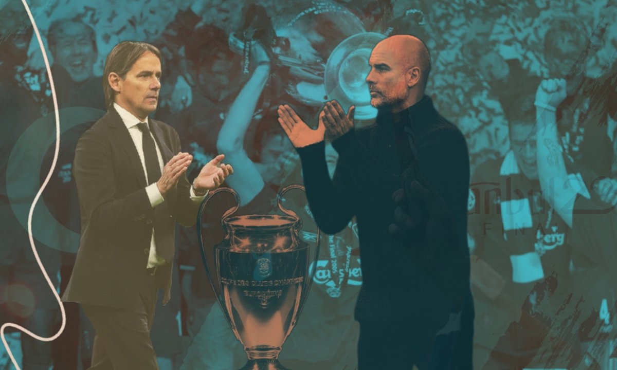 The illustration shows the UEFA Champions League trophy between Inter Milan&#039;s coach Filippo Inzaghi (R) and Manchester City&#039;s Pep Guardiola. (Illustration by Kelvin Ndunga)
