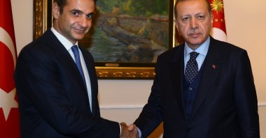 President Recep Tayyip Erdoğan (R), on a two-day official visit to Greece, meets Kyriakos Mitsotakis, then-leader of the main opposition New Democracy party, Athens, Greece, Dec. 7, 2017. (AP File Photo)