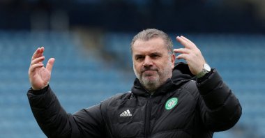 Ex-Celtic manager Ange Postecoglou celebrates after the match against Kilmarnock, Rugby Park, Kilmarnock, Scotland, April 16, 2023. (Reuters Photo)