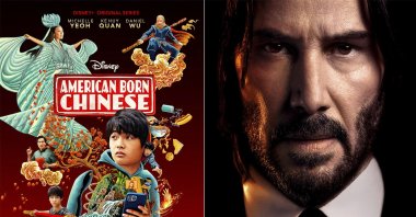 This combination of photos shows promotional art for the new action-comedy series "American Born Chinese," premiering Wednesday on Disney+ (L), and "John Wick: Chapter 4, available on video on demand. (AP Photo)