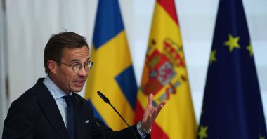 Sweden&#039;s Prime Minister Ulf Kristersson speaks during a joint press conference with the Spanish Prime Minister Pedro Sanchez at La Moncloa palace, Madrid, Spain, June 5, 2023. (AFP Photo)