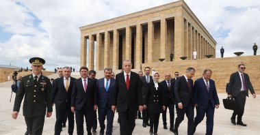 President Recep Tayyip Erdoğan (C) and members of his new Cabinet visit Anıtkabir, the mausoleum of the Turkish republic's founder Mustafa Kemal Atatürk, before their first Cabinet meeting in Ankara, Türkiye, June 6, 2023. (AFP Photo)