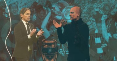 The illustration shows the UEFA Champions League trophy between Inter Milan&#039;s coach Filippo Inzaghi (R) and Manchester City&#039;s Pep Guardiola. (Illustration by Kelvin Ndunga)
