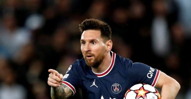 Former Paris Saint Germain's Lionel Messi celebrates scoring their second goal against RB Leipzig, Parc des Princes, Paris, France, Oct. 19, 2021. (Reuters Photo) 
