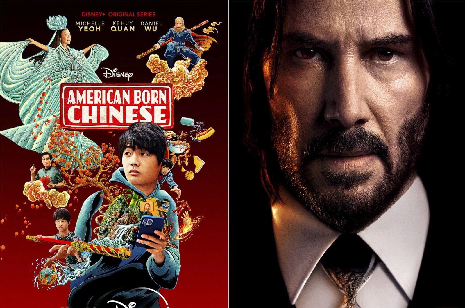 This combination of photos shows promotional art for the new action-comedy series "American Born Chinese," premiering Wednesday on Disney+ (L), and "John Wick: Chapter 4, available on video on demand. (AP Photo)