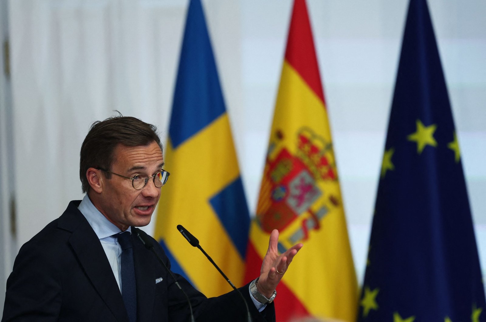 Sweden&#039;s Prime Minister Ulf Kristersson speaks during a joint press conference with the Spanish Prime Minister Pedro Sanchez at La Moncloa palace, Madrid, Spain, June 5, 2023. (AFP Photo)