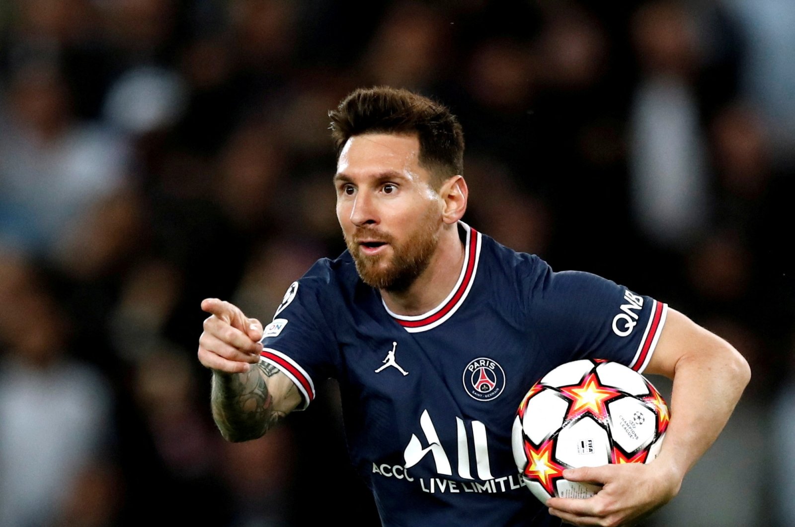 Former Paris Saint Germain&#039;s Lionel Messi celebrates scoring their second goal against RB Leipzig, Parc des Princes, Paris, France, Oct. 19, 2021. (Reuters Photo) 
