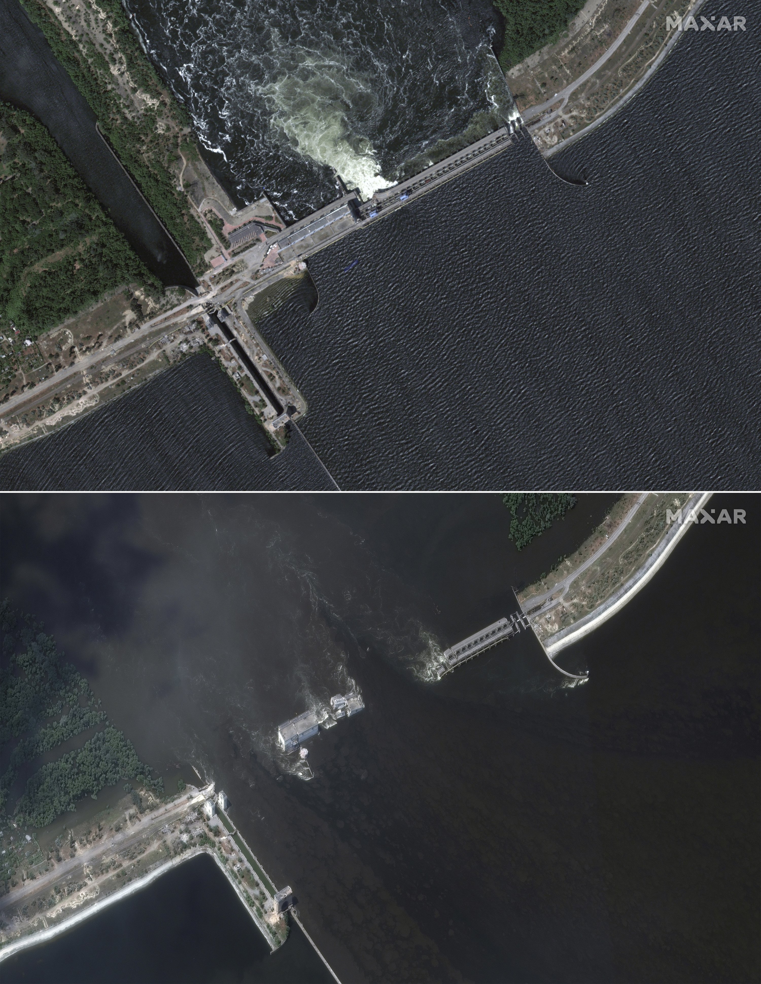 Foto sebelum dan sesudah yang diberikan ini menunjukkan bendungan Kakhovka di Kherson, Ukraina, 7 Juni 2023. (Foto AP)