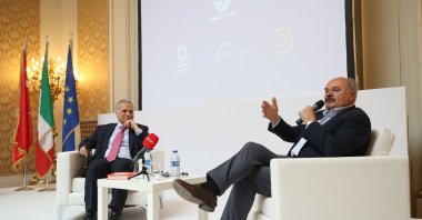 The fourth installment of the program series titled "MeeTürkItaly," aimed at strengthening Turkish-Italian relations, as Italian Ambassador Giorgio Marrapodi (L) and Oscar Farinetti, the founder of Eataly Restaurant participate in the program, Istanbul, Türkiye, June 7, 2023. (AA Photo)