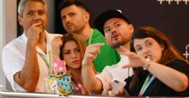Shakira (C) reacts during the F1 Grand Prix of Spain at Circuit de Barcelona, Barcelona, Spain, June 4, 2023. (Getty Images Photo)