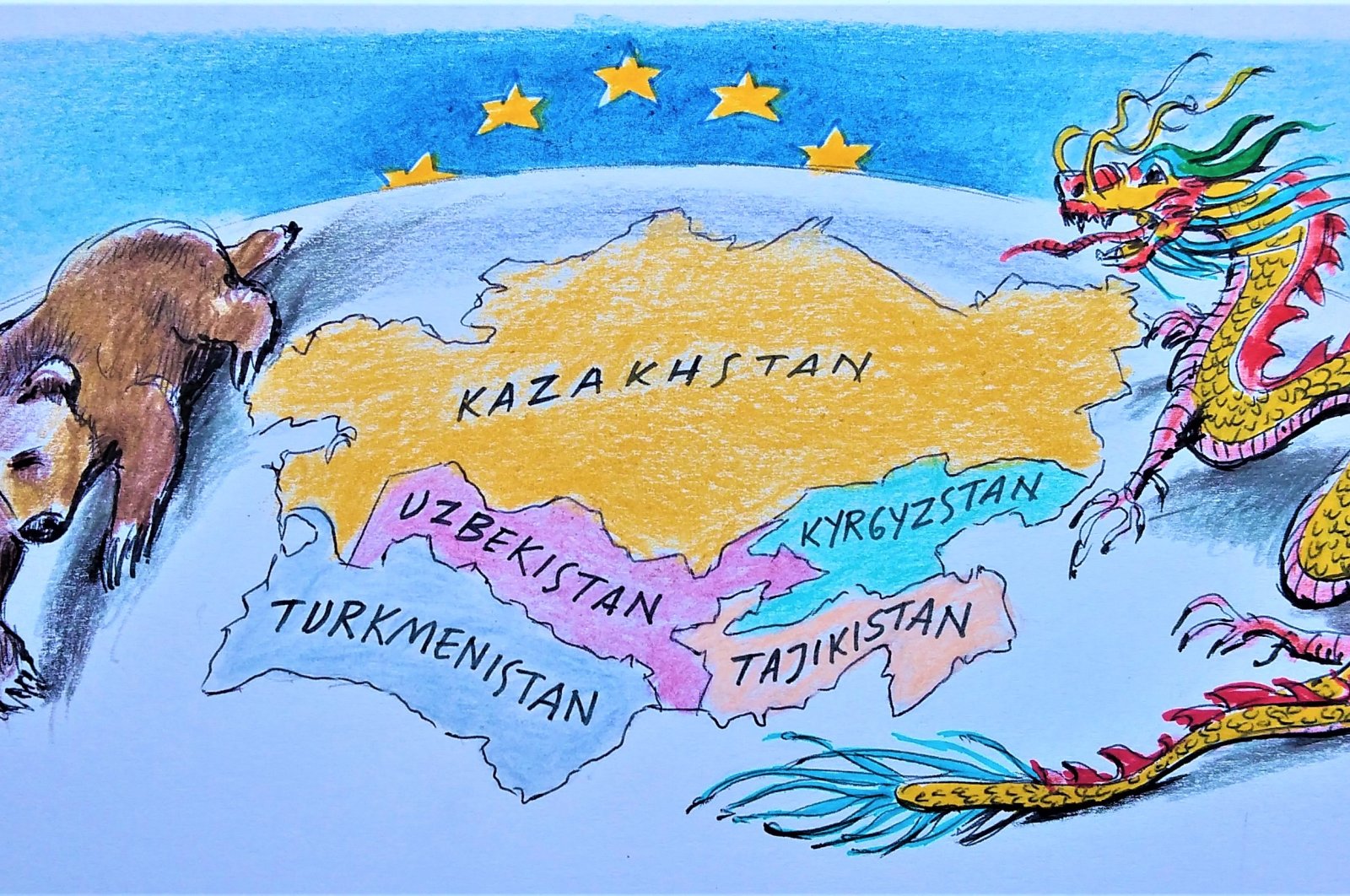 While these countries achieved independence from the Soviet Union, they maintained close ties with Russia, their traditional partner, however, subsequent sanctions have created a need for the Central Asian republics to diversify their partnerships. (Illustration by Erhan Yalvaç)