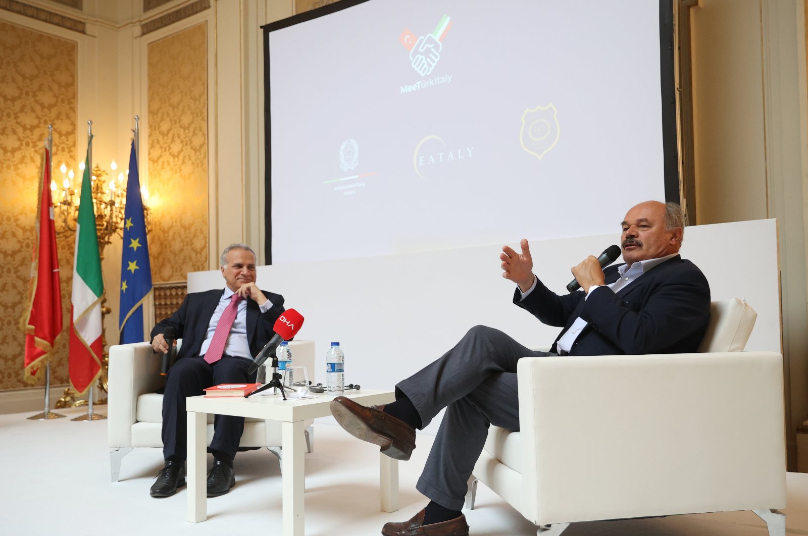 The fourth installment of the program series titled &quot;MeeTürkItaly,&quot; aimed at strengthening Turkish-Italian relations, as Italian Ambassador Giorgio Marrapodi (L) and Oscar Farinetti, the founder of Eataly Restaurant participate in the program, Istanbul, Türkiye, June 7, 2023. (AA Photo)