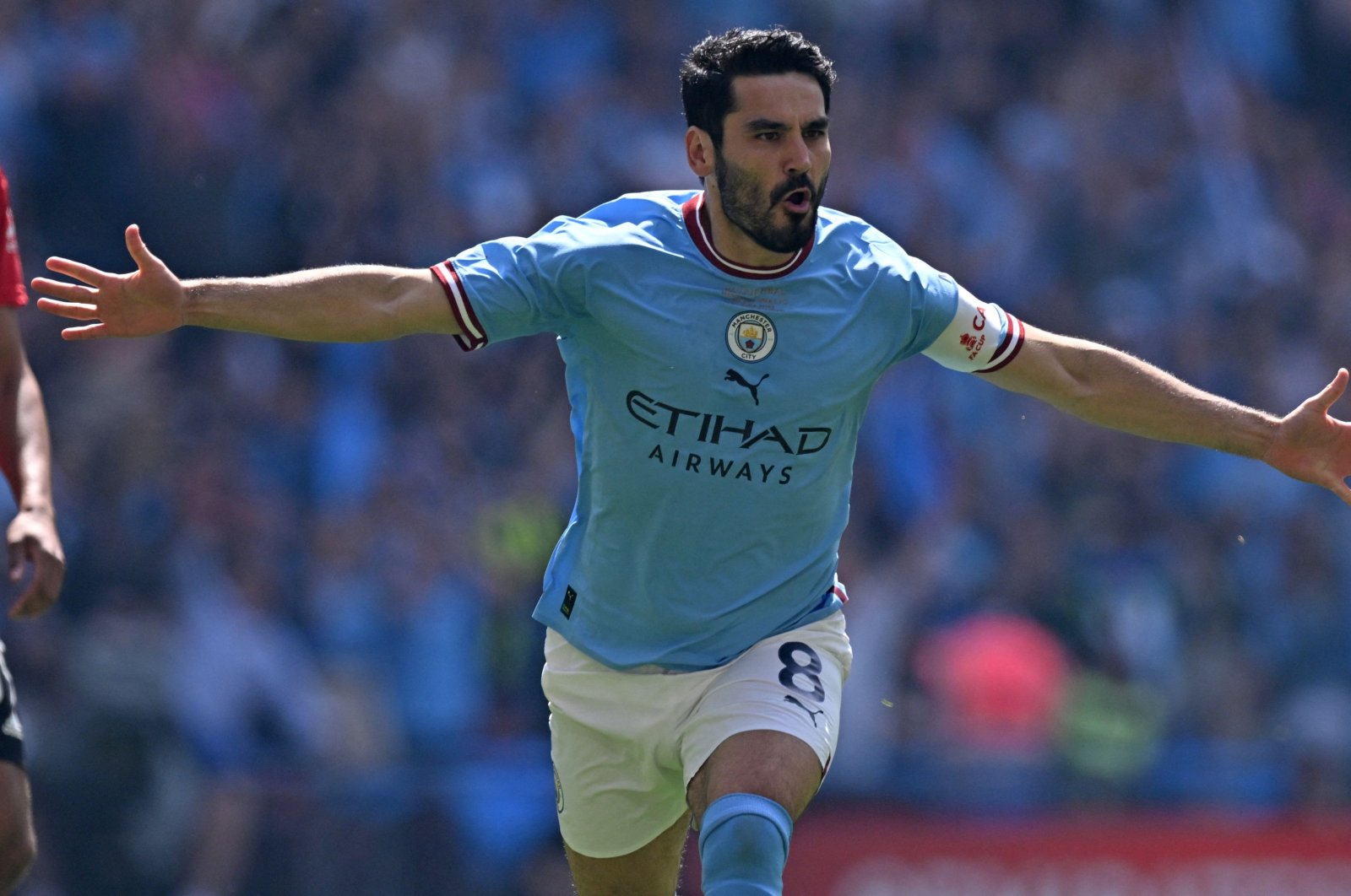 Manchester City&#039;s German midfielder İlkay Gündoğan celebrates after scoring the early opening goal during the English FA Cup final football match between Manchester City and Manchester United at Wembley stadium, London, UK., June 3, 2023. (AFP Photo)