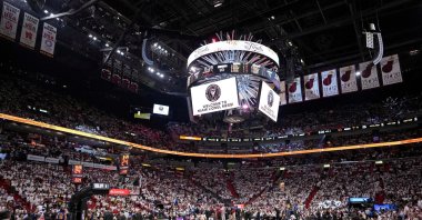A general view of the video board with a welcome message for football player Lionel Messi to Inter Miami CF during Game 3 of the 2023 NBA Finals between the Miami Heat and Denver Nuggets at Kaseya Center, Miami, U.S., June 7, 2023. (Reuters Photo)