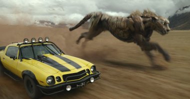 Bumblebee (L) and Cheetor, in a scene from the film &quot;Transformers: Rise of the Beasts.&quot; (AP Photo)