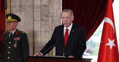President Recep Tayyip Erdoğan delivers a speech after a visit with members of his new cabinet to Anıtkabir, the mausoleum of the founder of the Republic of Türkiye, Mustafa Kemal Atatürk, before their first cabinet meeting in Ankara, June 6, 2023. (AFP Photo)