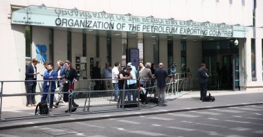 Press members are seen in front of the OPEC headquarters in Vienna, Austria, June 4, 2023. (AA Photo)