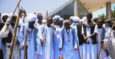 Men from the Eastern Sudanese Beja tribe shout slogans as they reject the presence of Volker Perthes, U.N. Special Representative in Sudan, following the crisis in Khartoum, Port Sudan, Sudan, May 17, 2023. (Reuters Photo)