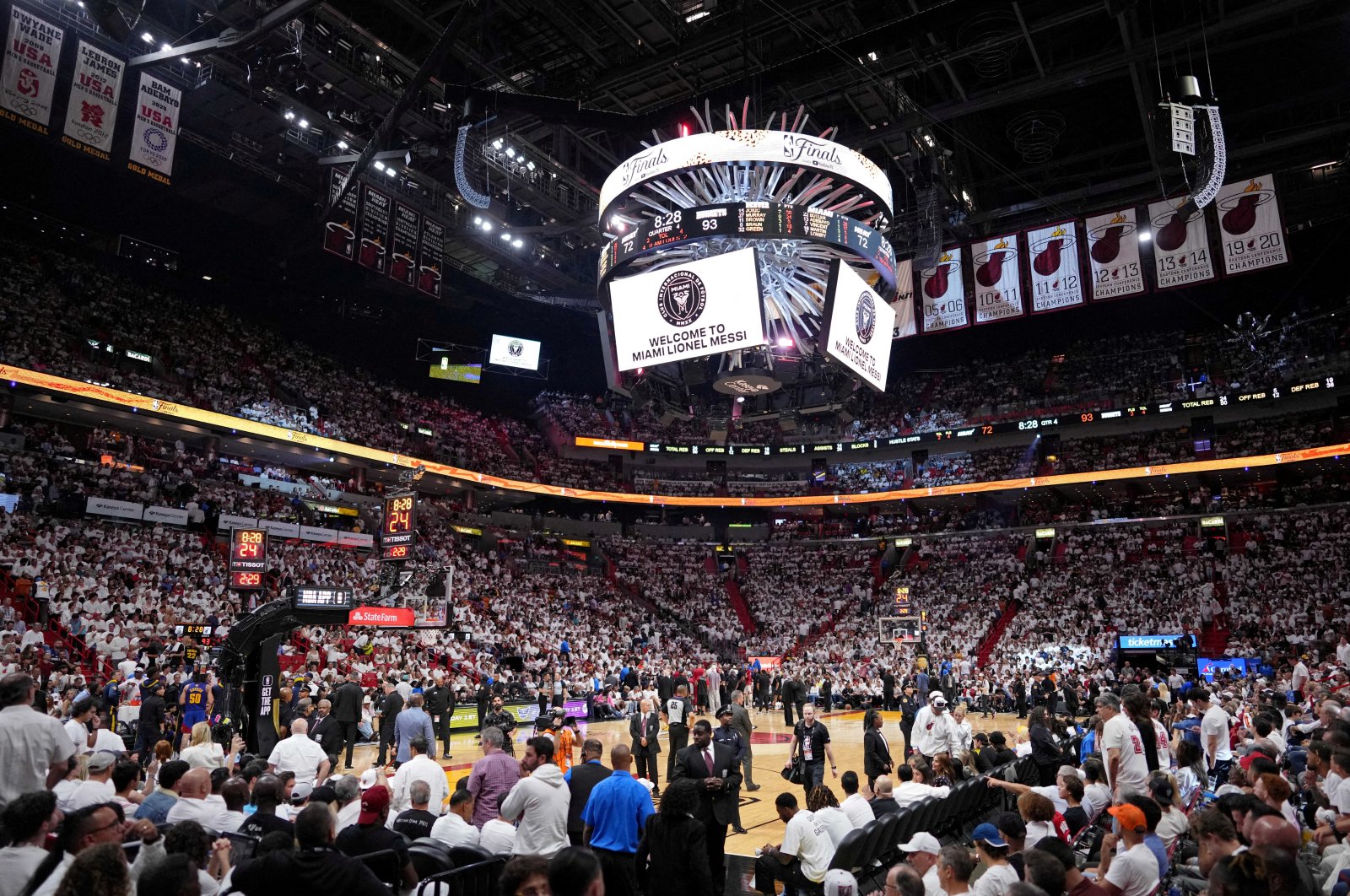 A general view of the video board with a welcome message for football player Lionel Messi to Inter Miami CF during Game 3 of the 2023 NBA Finals between the Miami Heat and Denver Nuggets at Kaseya Center, Miami, U.S., June 7, 2023. (Reuters Photo)