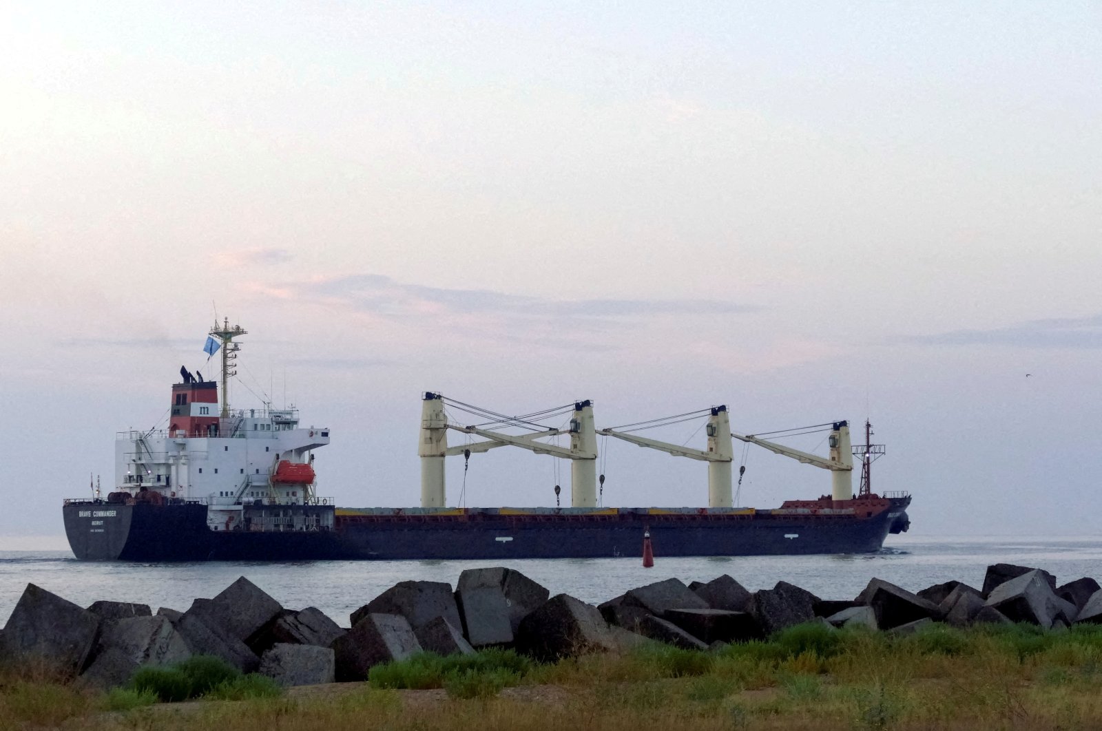 The Lebanese-flagged bulk carrier Brave Commander leaves the seaport of Pivdennyi with wheat after restarting grain export, amid Russia&#039;s attack on Ukraine, in the town of Yuzhne, Odessa region, Ukraine, Aug. 16, 2022. (Reuters Photo)