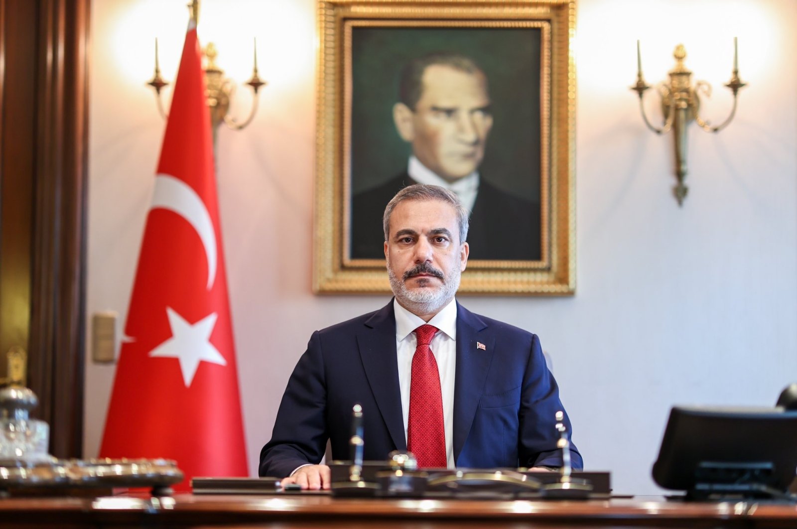 Foreign Minister Hakan Fidan at his office at the Foreign Ministry headquarters in Ankara, Türkiye, June 6, 2023. (DHA Photo)