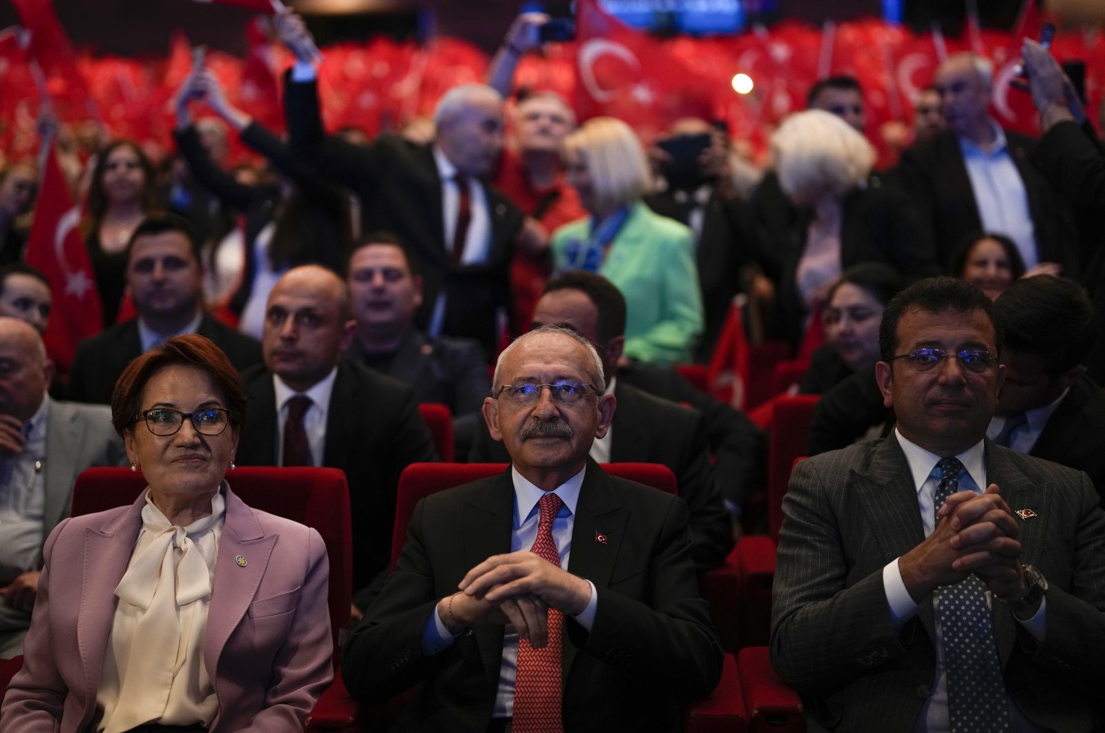 The Nation Alliance&#039;s presidential candidate Kemal Kılıçdaroğlu (C), Good Party Chairperson Meral Akşener (L) and Istanbul Mayor Ekrem İmamoğlu (R) attend a campaign event in Istanbul, Türkiye, May 26, 2023. (AP Photo)