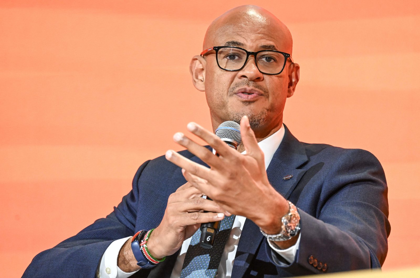 Jeremy Awori, Group CEO of Ecobank, takes part in a panel discussion at the 2023 Africa CEO Forum in Abidjan on June 5, 2023. (AFP Photo)