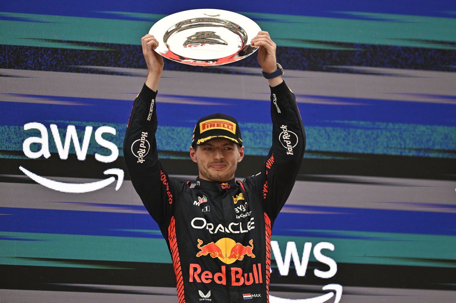 Red Bull Racing Dutch driver Max Verstappen lifts the trophy after winning the eighth Formula One race of the 2023 season in the Spanish GP at the &quot;Barcelona-Catalunya&quot; circuit in the city of Barcelona, Spain, June 4, 2023. (AA Photo)