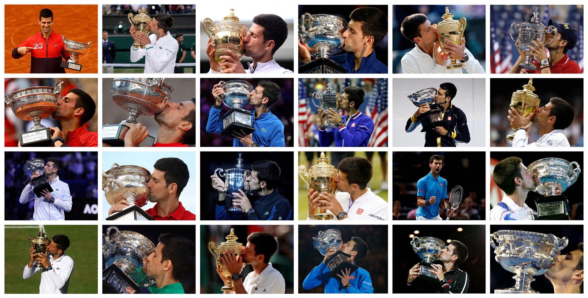 Novak Djokovic dari Serbia memegang masing-masing dari dua puluh tiga trofi kejuaraan Grand Slam dalam kombinasi foto yang diambil di Australia Terbuka 2008, 2011, 2012, 2013, 2015, 2016, 2019 2020, 2021, 2023 Wimbledon 2011, 2014, 2015, 2018 , 2019, 2021, 2022 dan AS Terbuka 2011, 2015, Prancis Terbuka 2018 2016, 2021 dan 2023. (Foto Reuters)