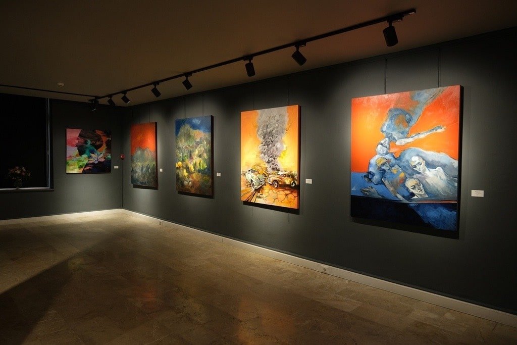 The paintings displayed in Art Land Workshop, Mersin, Türkiye, June 2, 2023. (Photo courtesy of Arnica Art)