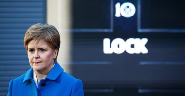 Former Scottish National Party (SNP) leader Nicola Sturgeon joins candidates on the campaign trail at Clarke Fire Services, Coatbridge, Lanarkshire, Scotland, U.K., Dec. 9, 2019. (EPA Photo)