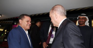 President Recep Tayyip Erdoğan shakes hands with Libyan Prime Minister Abdul Hamid Mohammed Dbeibah (L) during the latter&#039;s visit to Istanbul, Türkiye, June 10, 2023. (AA Photo)