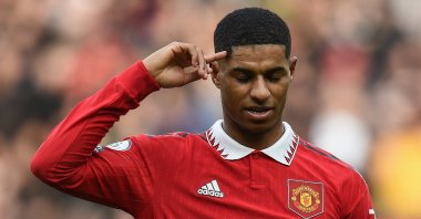 Manchester United&#039;s Marcus Rashford celebrates after scoring the second goal during the English Premier League match between Manchester United and Leicester City, Manchester, U.K., Feb. 19, 2023. (EPA Photo)