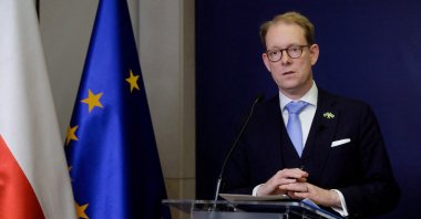 Sweden's Foreign Minister Tobias Billstrom and his Polish counterpart Zbigniew Rau (not pictured) attend the news conference after their meeting in Warsaw, Poland, June 12, 2023. (Reuters Photo)